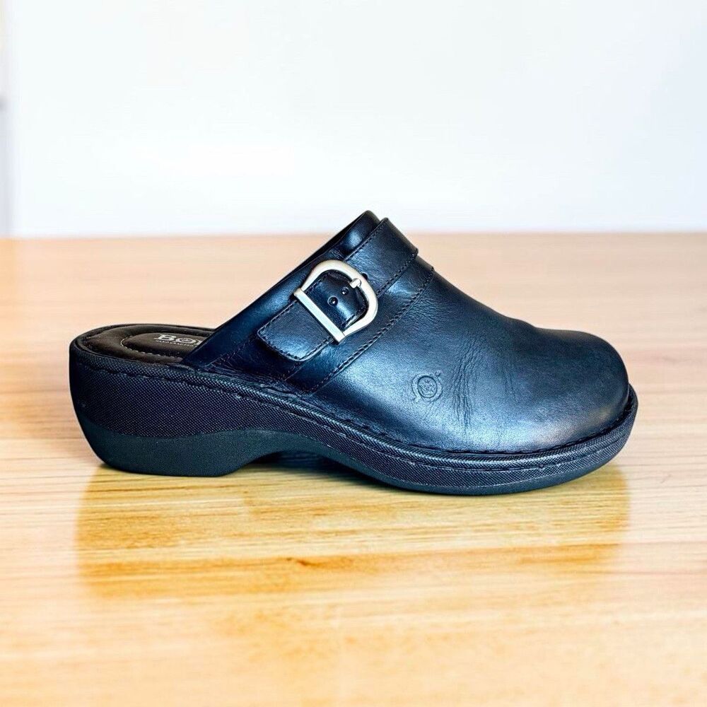 Born Womens 10M Black Leather Buckle Clogs Mules Comfort Shoes Slip On